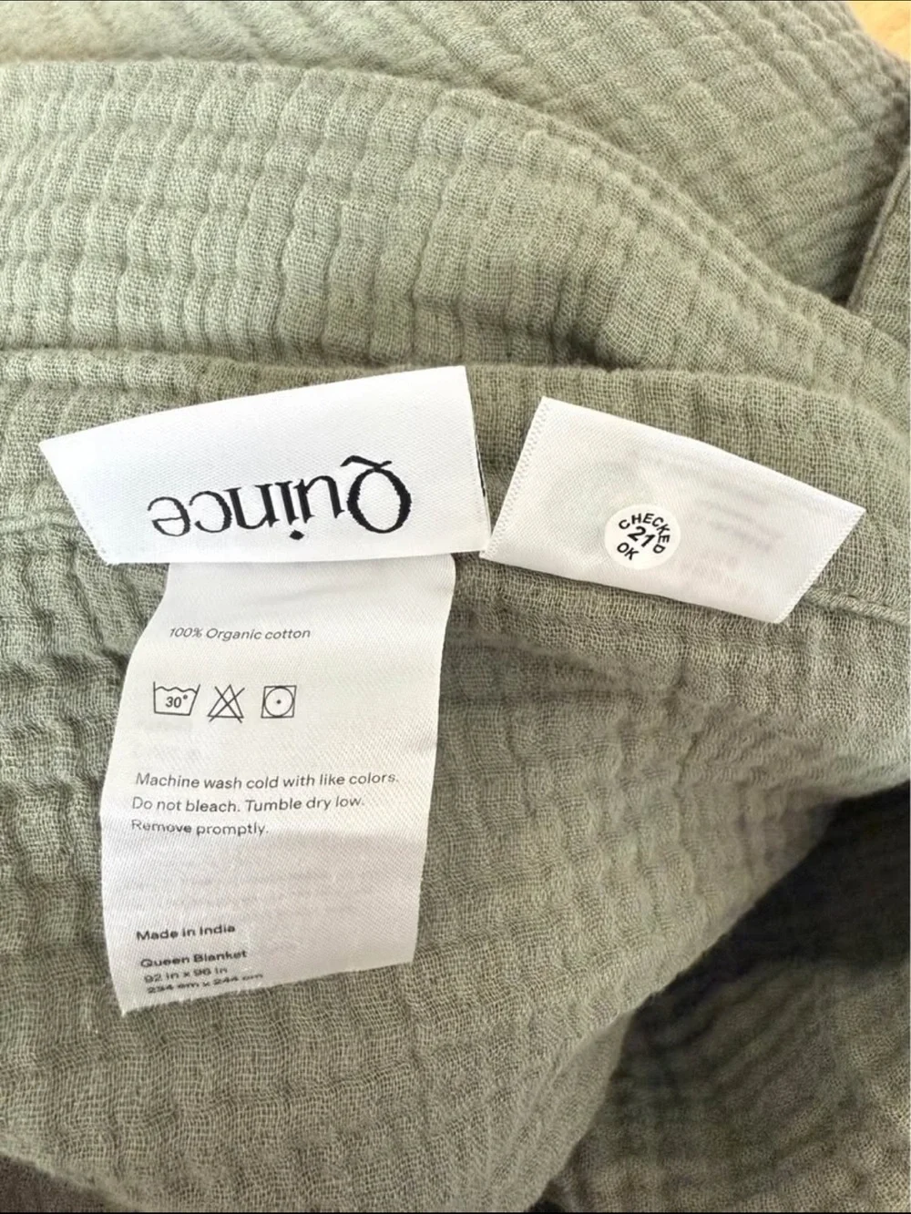 Quince Organic Cotton Airy Gauze Blanket Queen Green Four Layer Muslin New